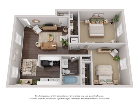 Floor plan for 2 beds, 1 bath, 864 sqft